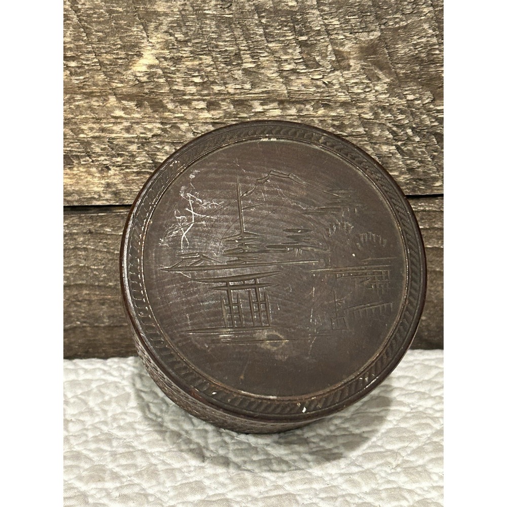 Vintage Small Round Trinket‎ Box Brown Resin Wood Look Japanese Carving Japan